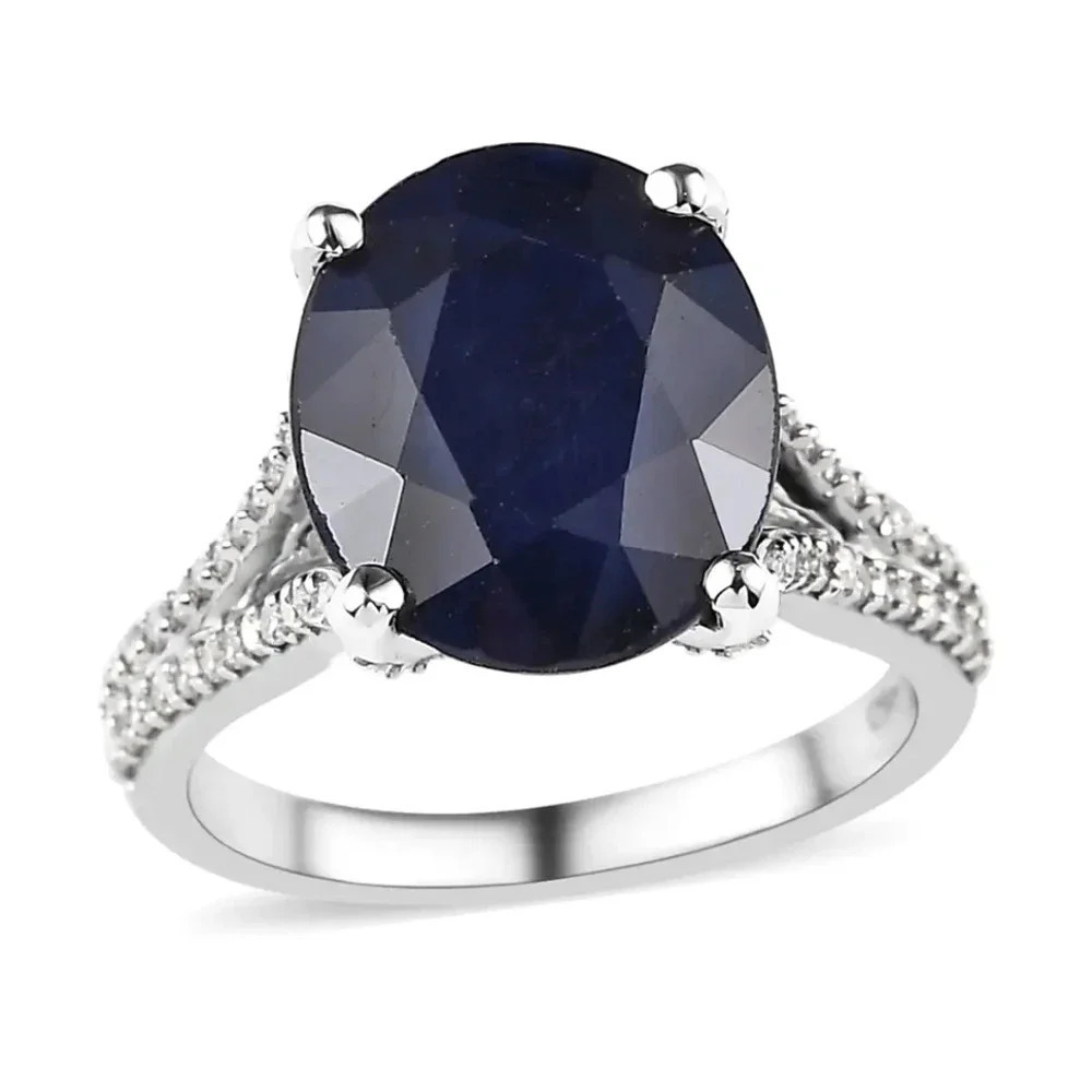 Blue Sapphire and Moissanite Ring in 925 Sterling Silver